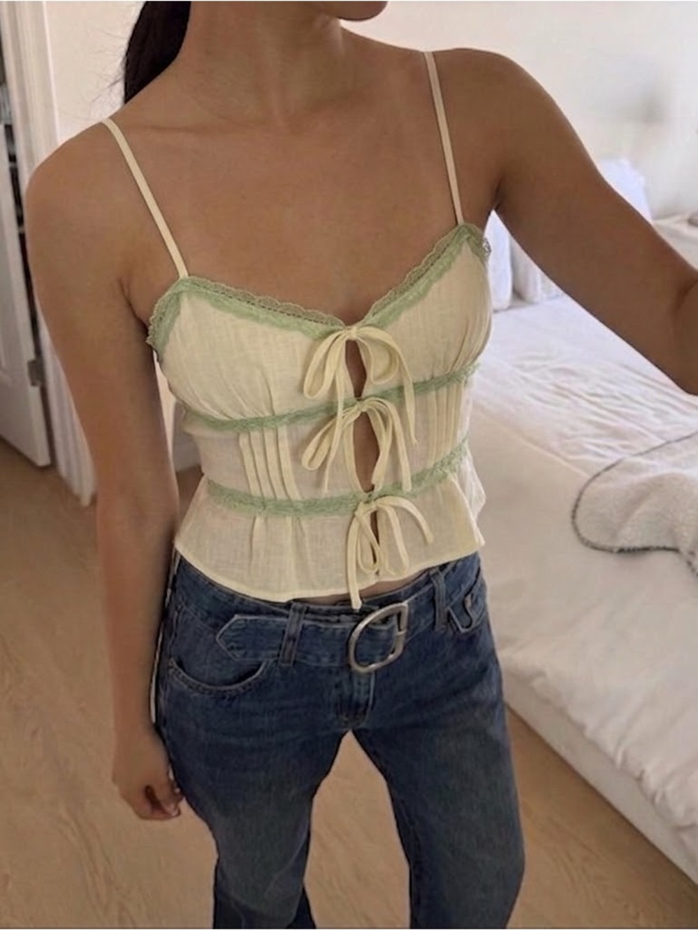 Cream Tie-Front Lace-Trim Cami with Sage Accent